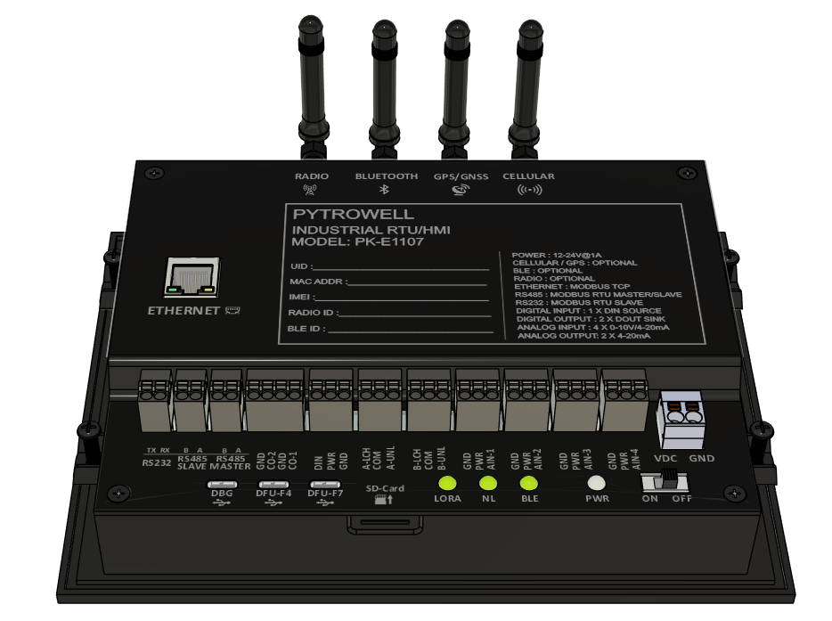 PK-E1107 top panel showing radio, Bluetooth, GPS/GNSS and cellular antennas plus the labeled terminal strip